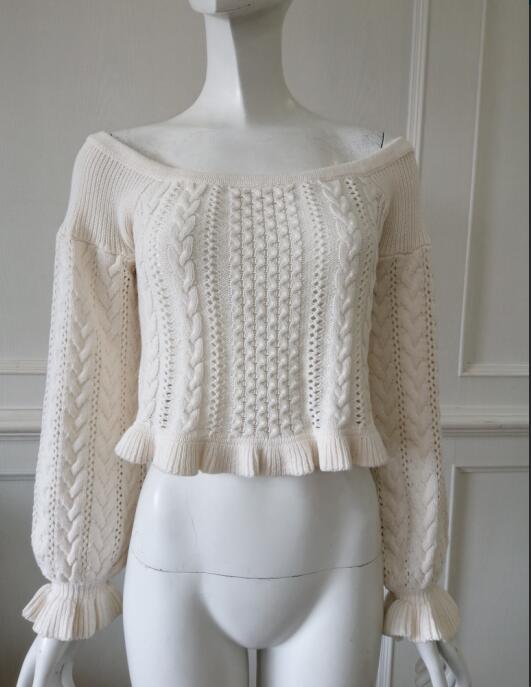 Sweater Manufacturer China Womens knitted pullover Hollow shoulders Lotus leaf